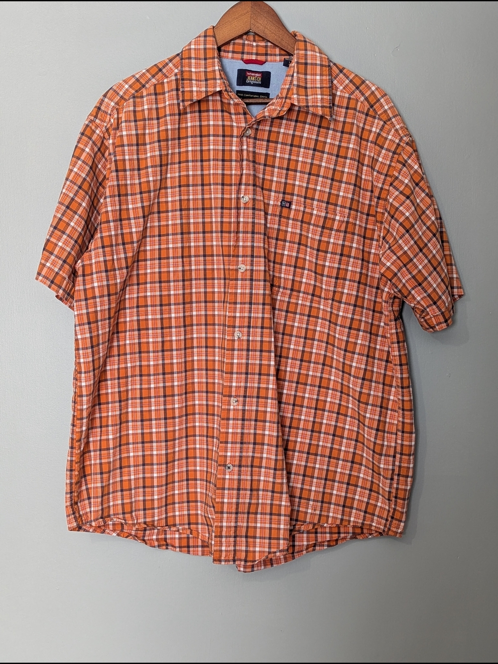 Wrangler Twenty X Men's Orange Plaid Short-Sleeve Button-Down Shirt 90s Cowboy